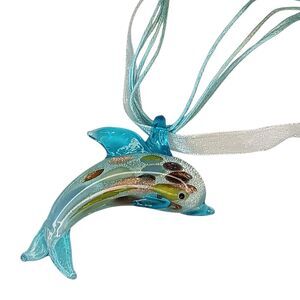 Blue Glass Dolphin Pendant Necklace 20" Adjustable Blue Ribbon & Cord 2.25" x 1"